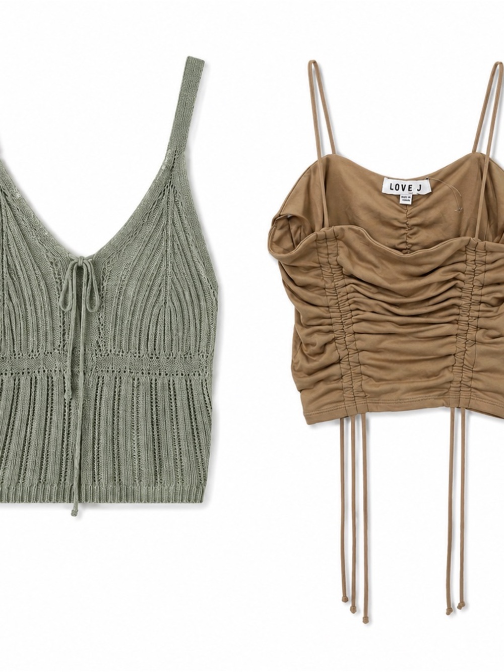 LOVE J Ruched Spaghetti Strap Crop Top in Brown & Knit Sage Tank